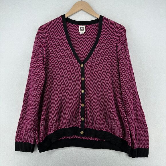 ANNE KLEIN Sweater 2X Plus Chevron Button Up Cardigan Grandma Cotton Blend Pink - Picture 1 of 13